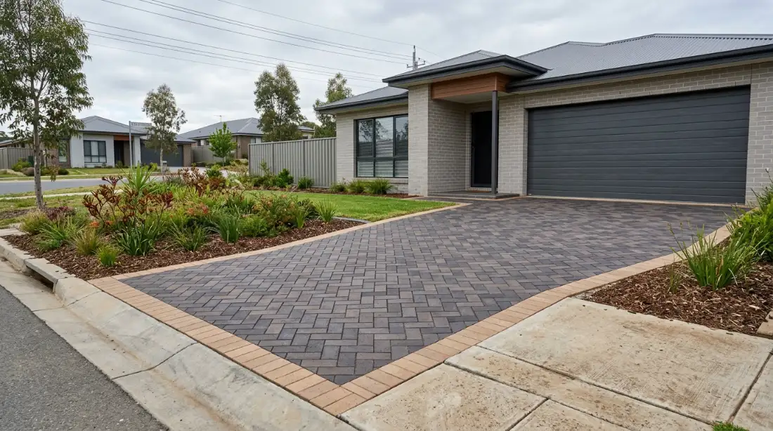 New charcoal blend clay paver driveway in 90 degree herringbone with a tan border at a modern brick home in a Canberra suburb