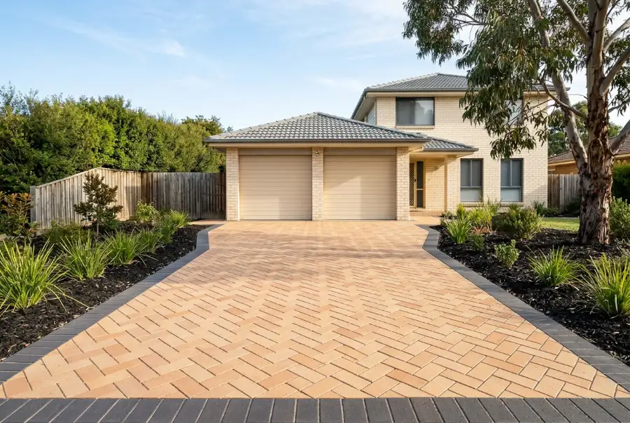 New sand-coloured and charcoal clay paver driveway in herringbone, leading to a double garage