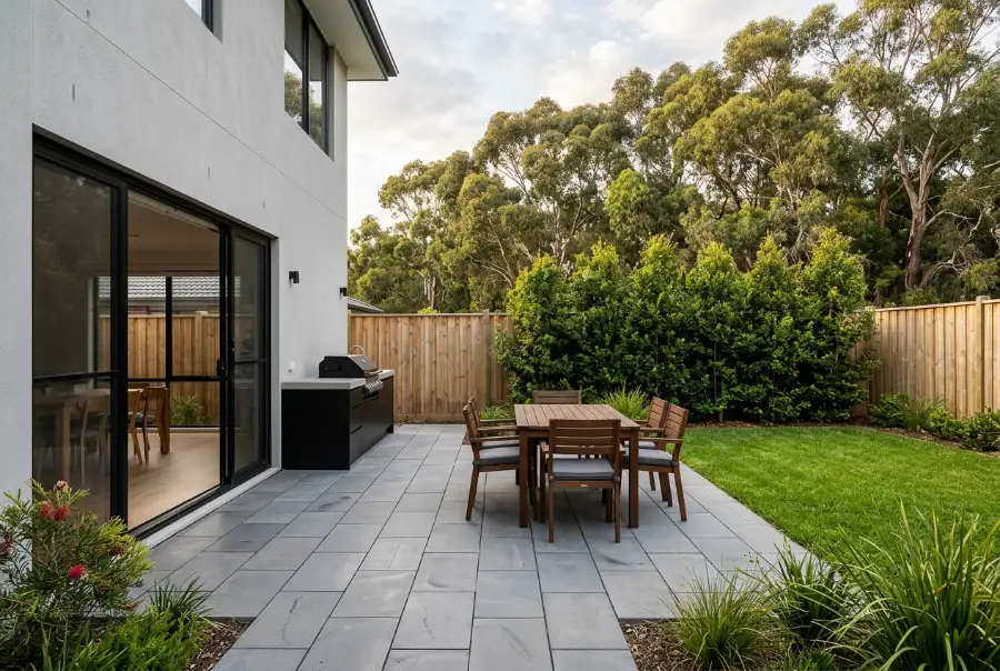 Large grey paved entertaining area with an outdoor table and barbecue bench