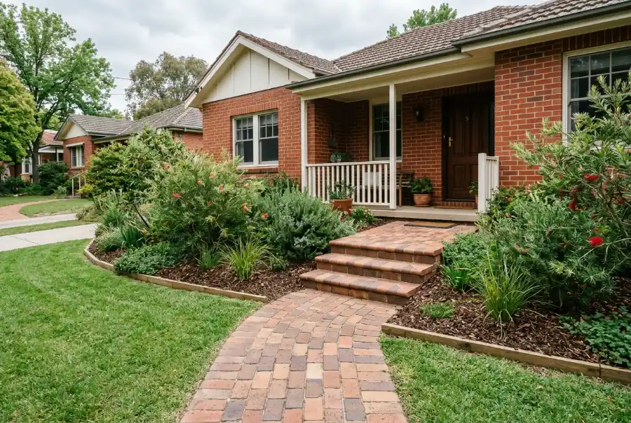Clay paver garden path in a red and brown blend leading to paved steps at the front porch of a brick home