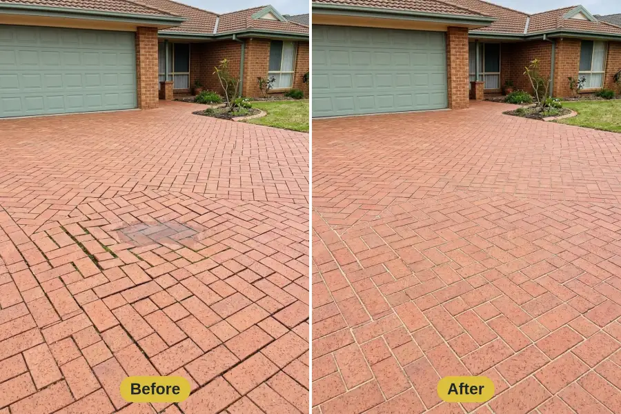 Before and after of a red clay paver driveway: a sunken patch holding water, then relaid flat and level