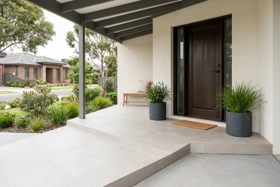 Large light grey porcelain outdoor tiles on a covered front porch